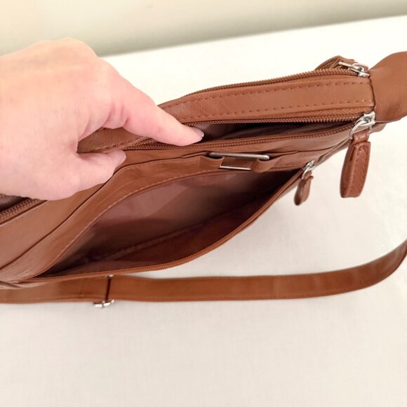 Brown Faux Leather Crossbody Bag Adjustable Strap Multi Compartment Purse - Picture 13 of 15